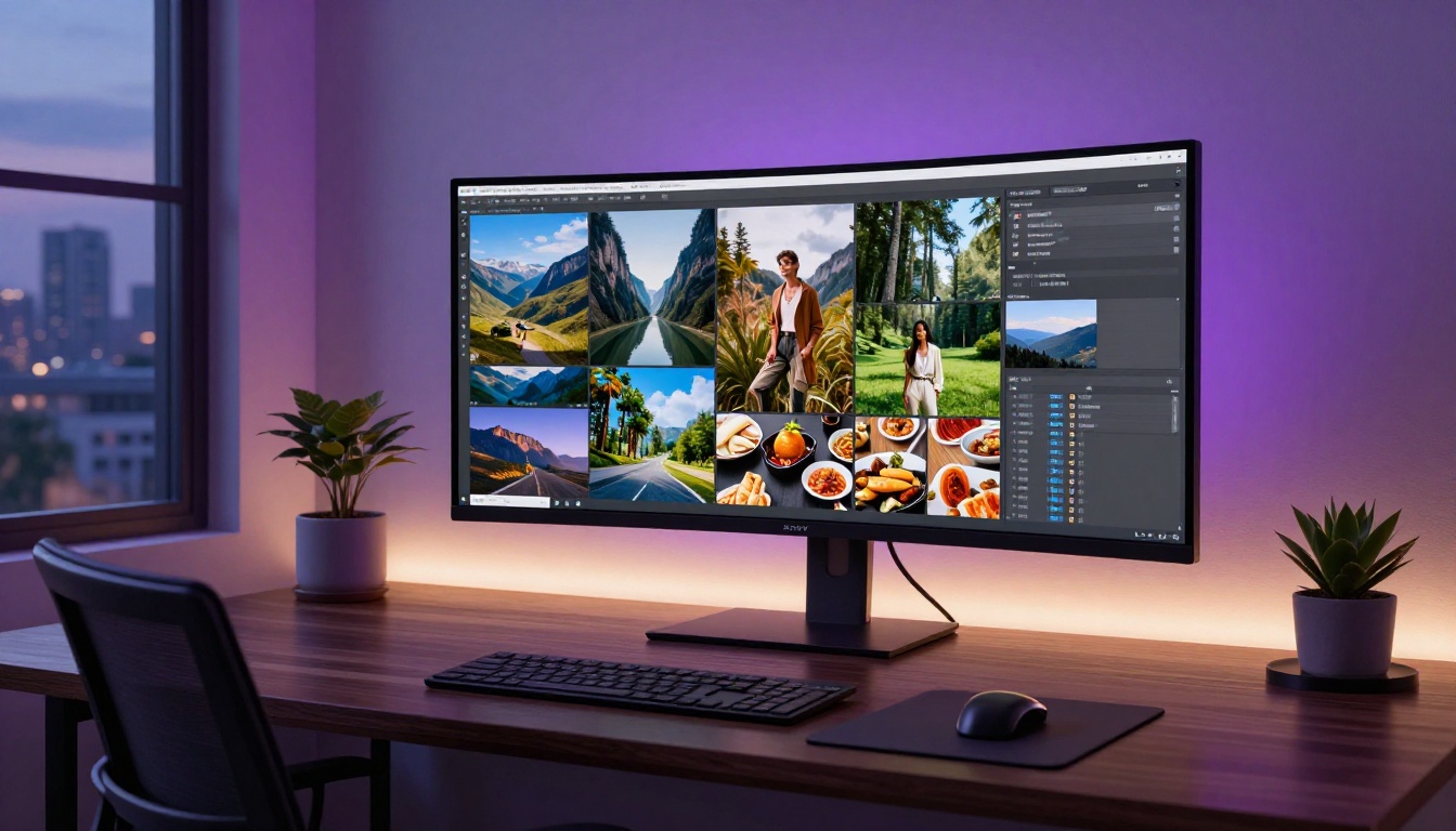 AI video generation workspace showing vertical video content grid on monitor