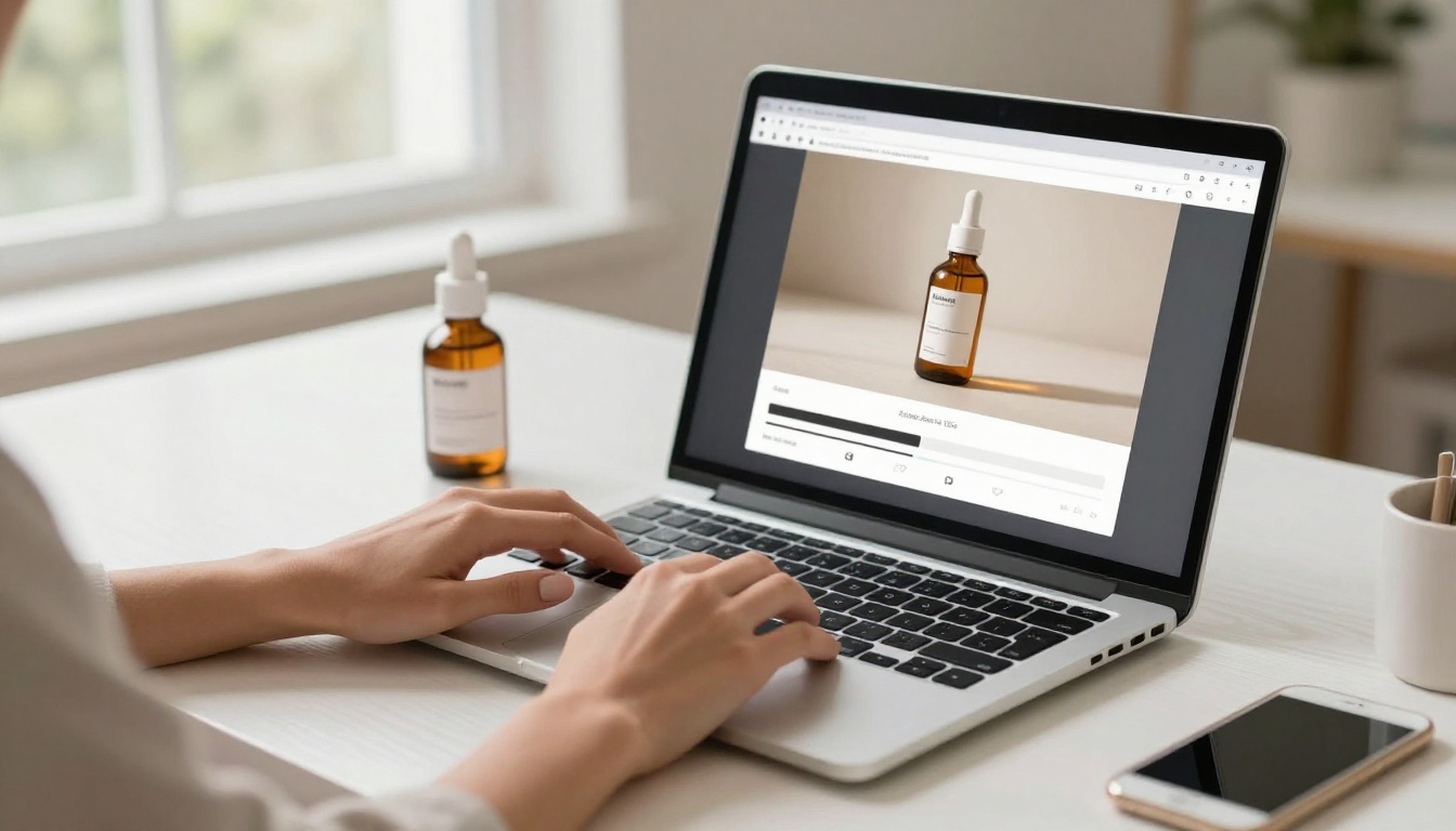 Woman using a laptop displaying an AI image generation interface with product photography being generated in real time on a clean white desk Woman using a laptop displaying an AI image generation interface with product photography being generated in real time on a clean white desk