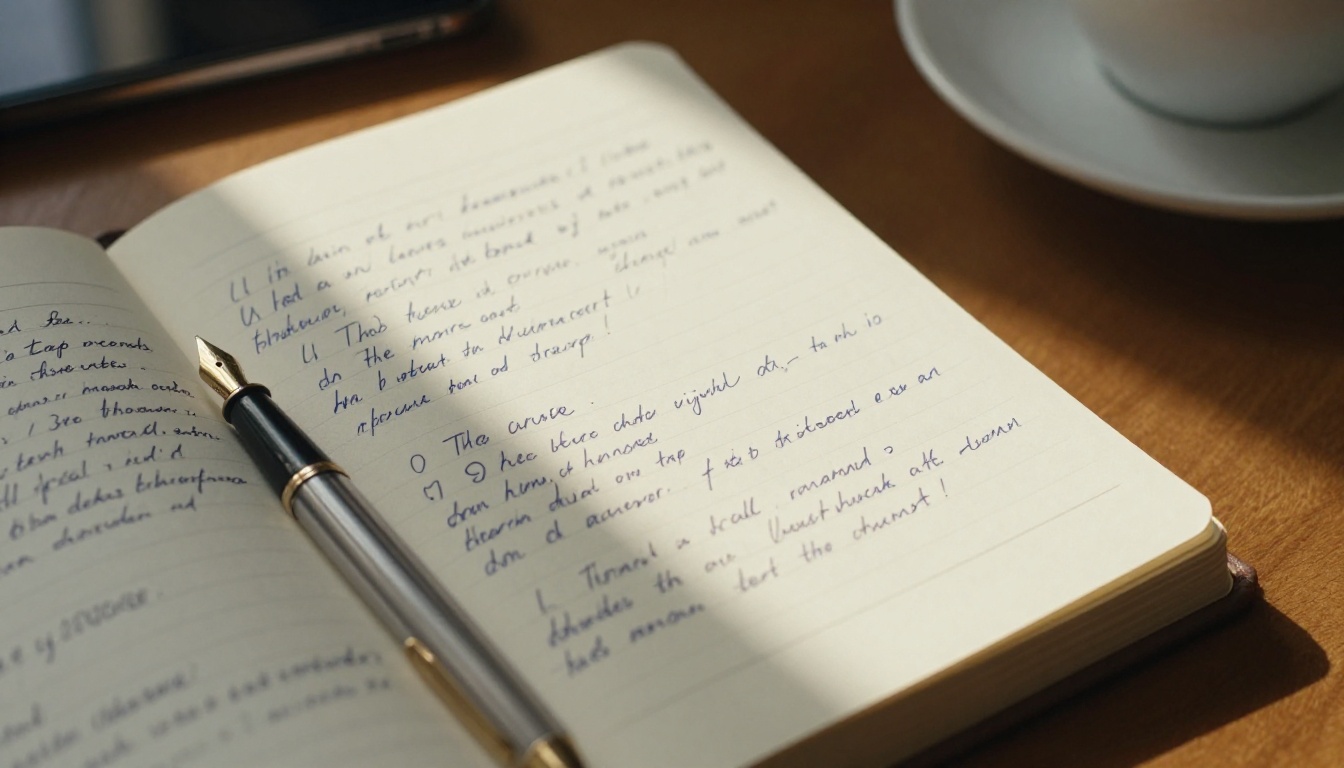 Open notebook with handwritten video prompt notes and fountain pen on warm wooden desk