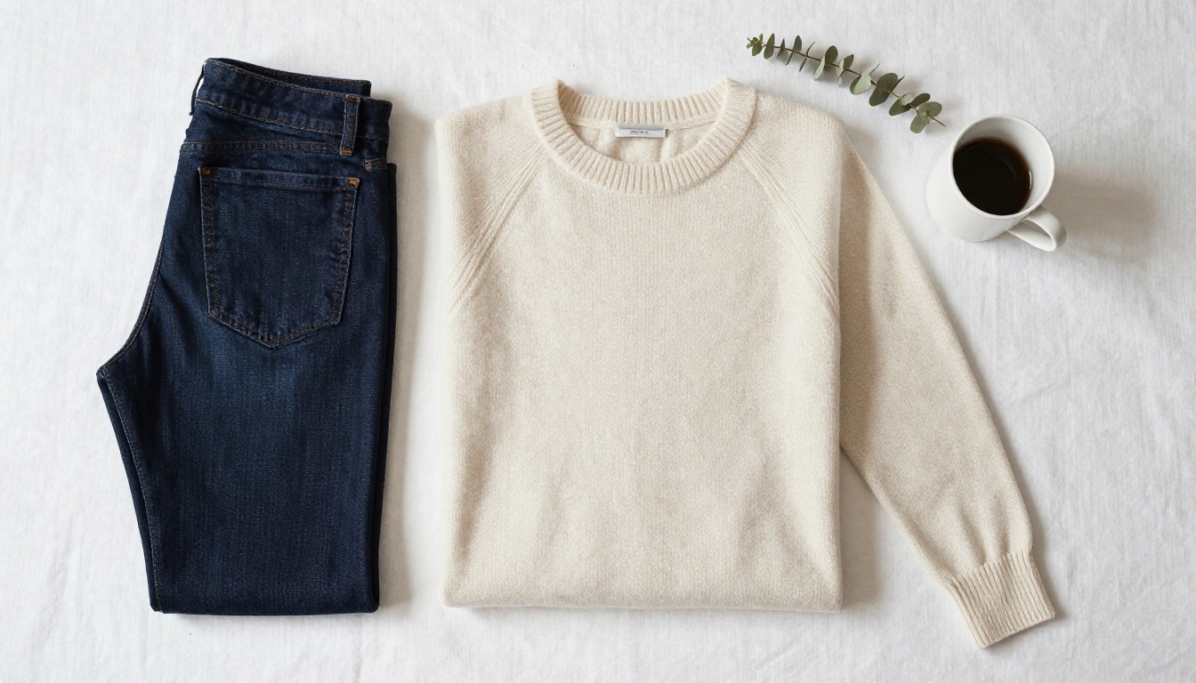 Minimalist fashion clothing flat-lay on clean white linen surface with cream cashmere sweater and navy denim jeans photographed from directly overhead with shadowless studio lighting Minimalist fashion clothing flat-lay on clean white linen surface with cream cashmere sweater and navy denim jeans photographed from directly overhead with shadowless studio lighting