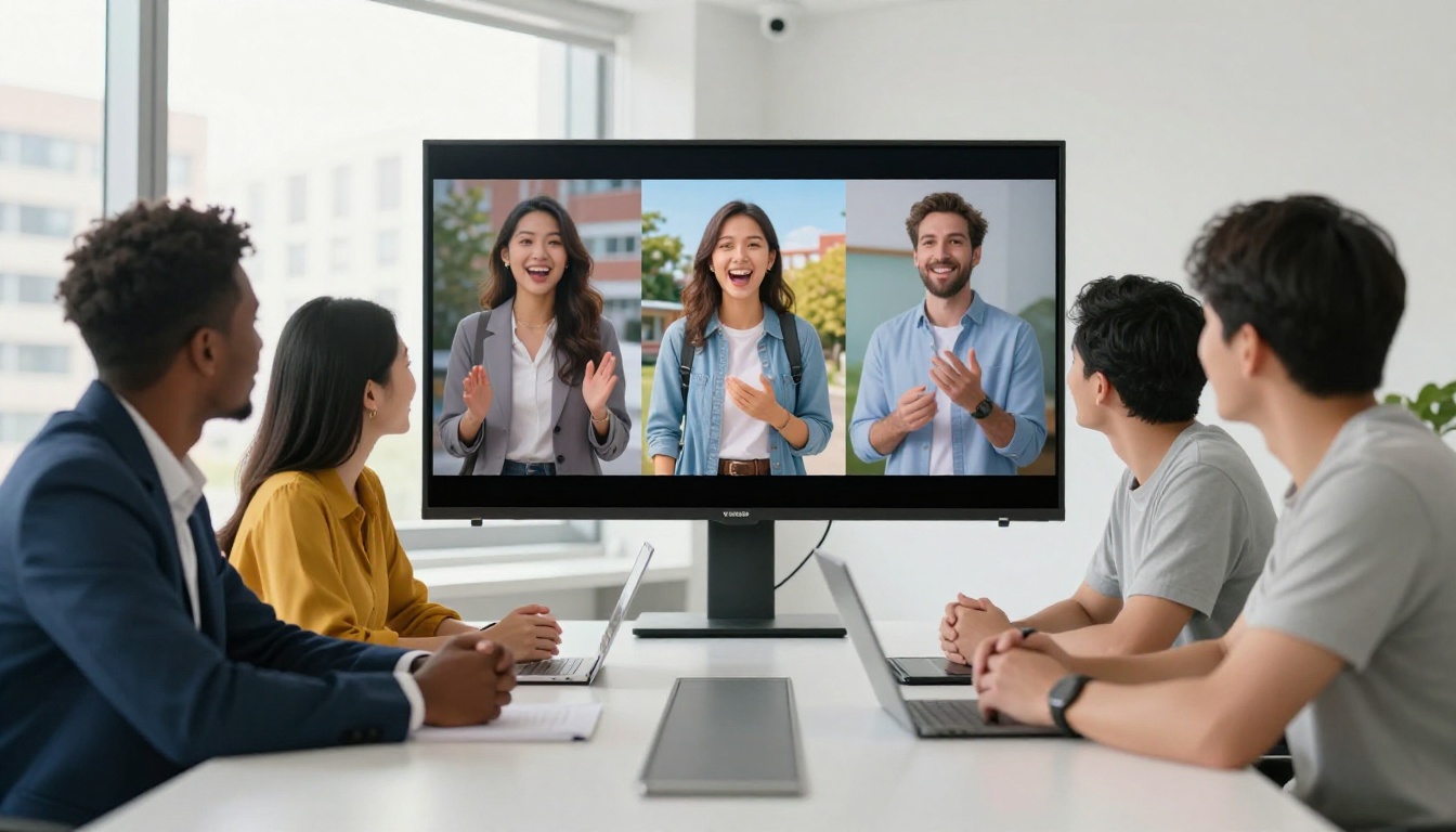 Team of three people reviewing vertical video content on portrait monitor in bright office