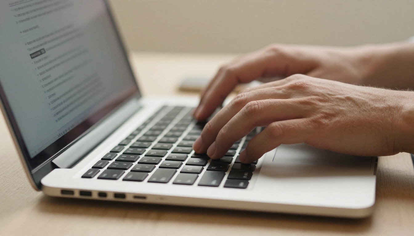 Hands typing on laptop keyboard for AI video prompt input