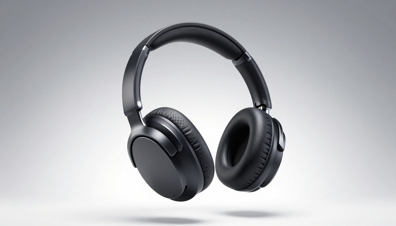 Premium wireless noise-canceling headphones against a clean gradient white background with dramatic split lighting showing chrome accents and perforated leather ear cushions Premium wireless noise-canceling headphones against a clean gradient white background with dramatic split lighting showing chrome accents and perforated leather ear cushions