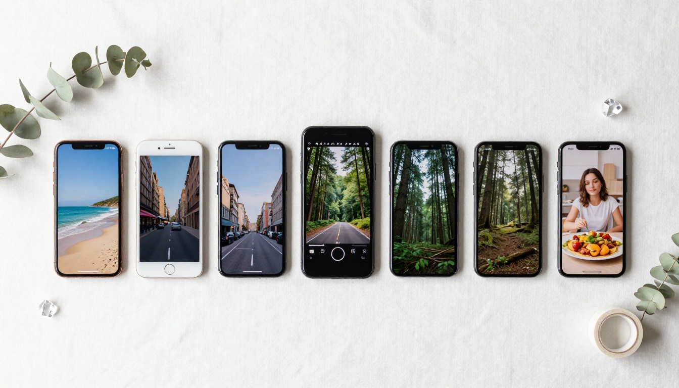 Five smartphones in flat-lay arrangement showing different AI-generated vertical videos on white linen surface