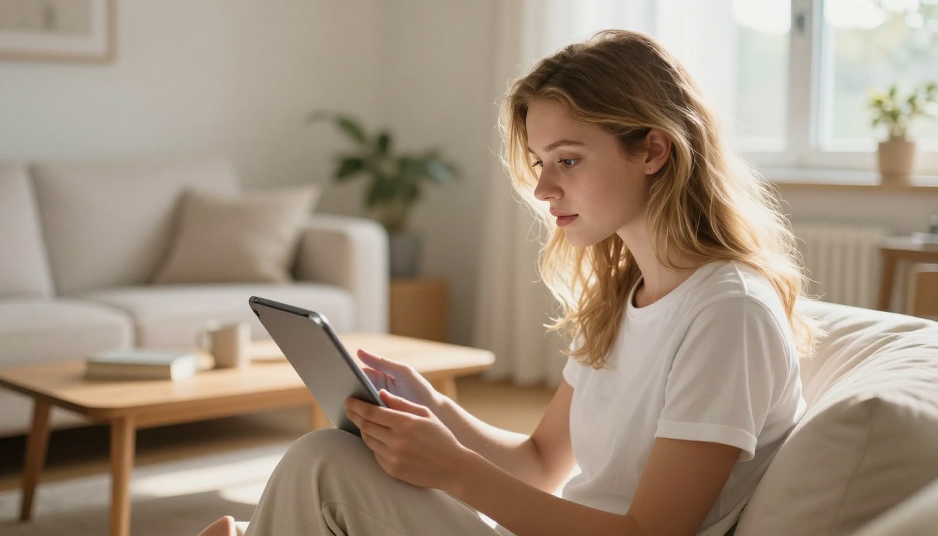 Woman watching AI-generated video on tablet in sunlit living room