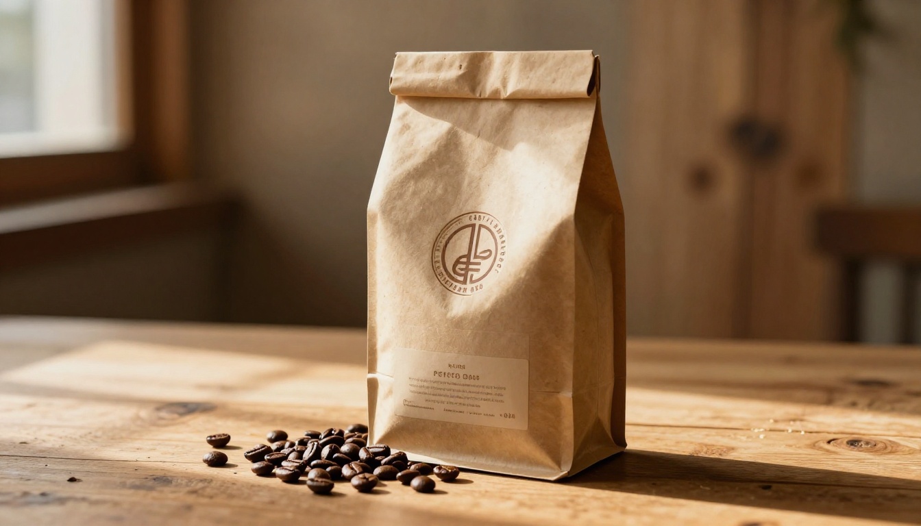 Artisan specialty coffee bag product photography on aged oak wooden table with roasted coffee beans scattered around the base and warm directional window light