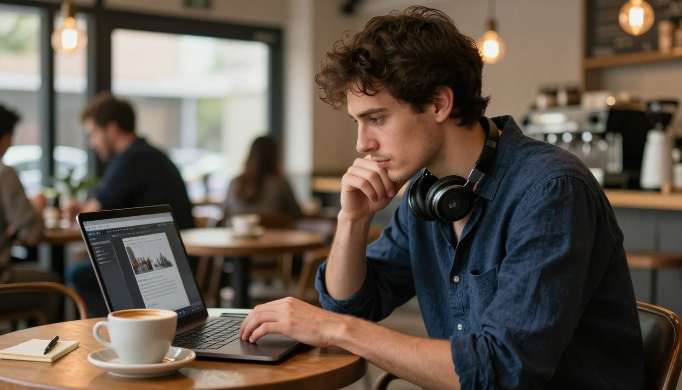 Man at coffee shop focused on laptop with AI video tool open