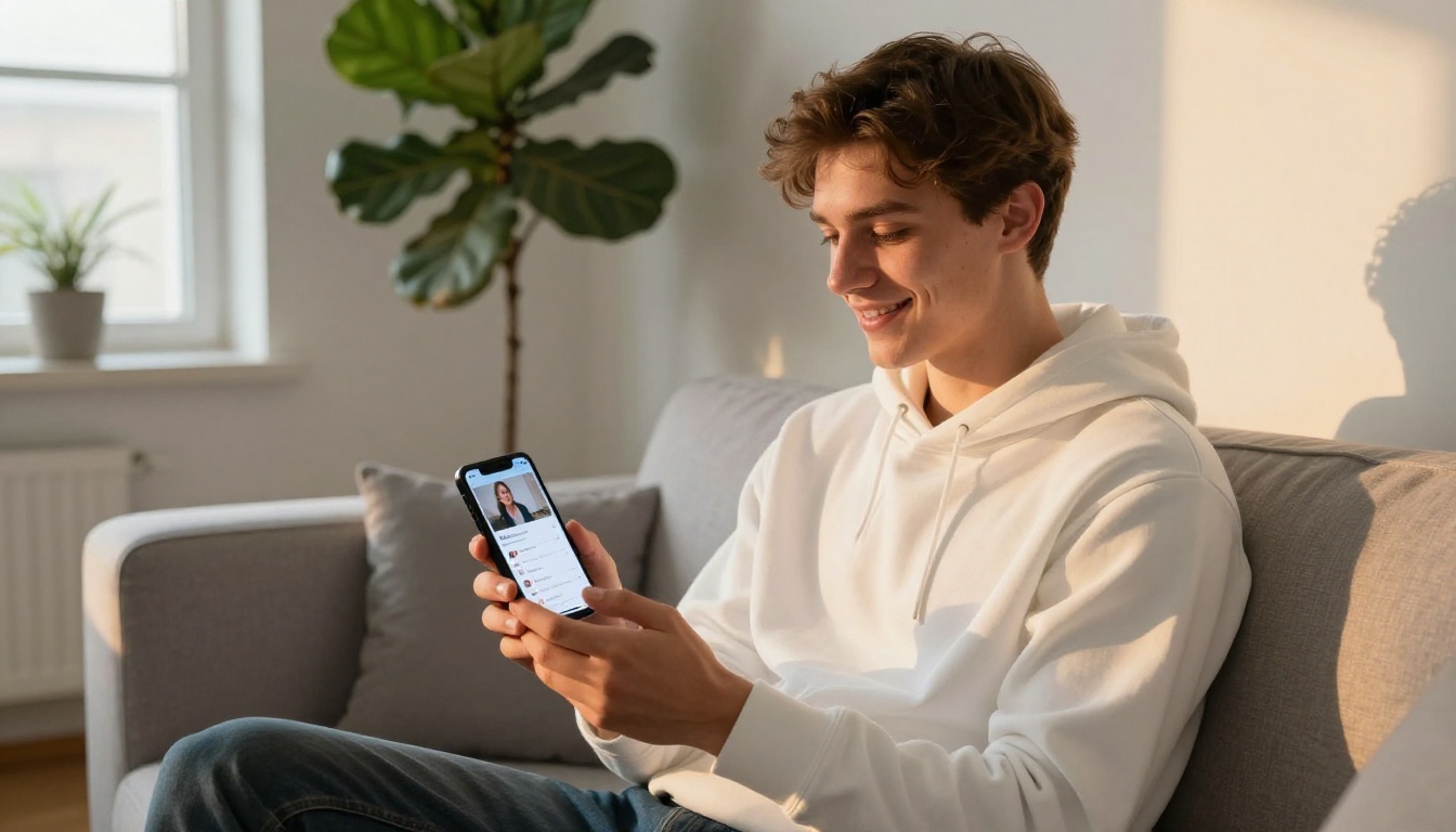Young man on sofa checking viral Shorts analytics on smartphone in minimalist apartment
