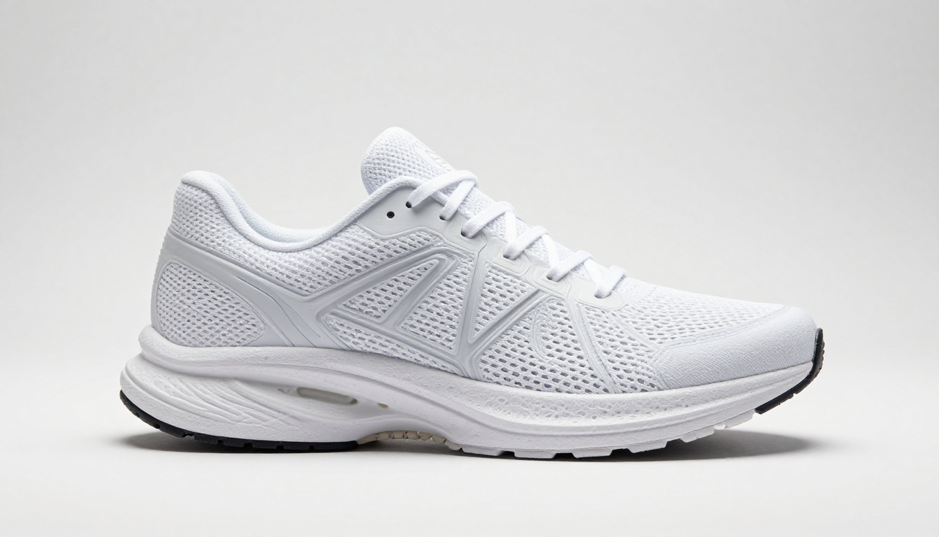 White minimalist premium running shoe product photography on pure white pedestal with dramatic two-light studio setup showing mesh texture and foam midsole detail White minimalist premium running shoe product photography on pure white pedestal with dramatic two-light studio setup showing mesh texture and foam midsole detail