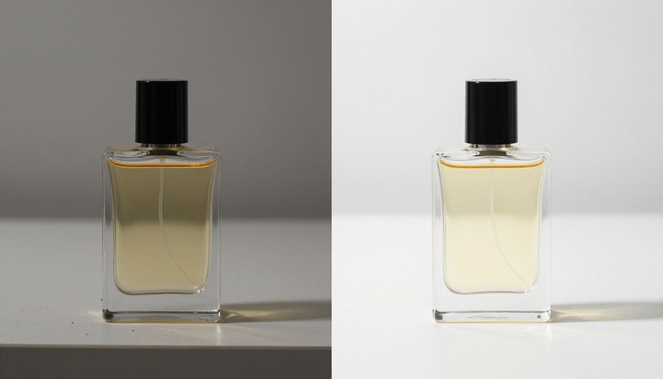 Before and after diptych comparison showing amateur smartphone product photography on the left versus professional AI-generated studio quality product photography on the right