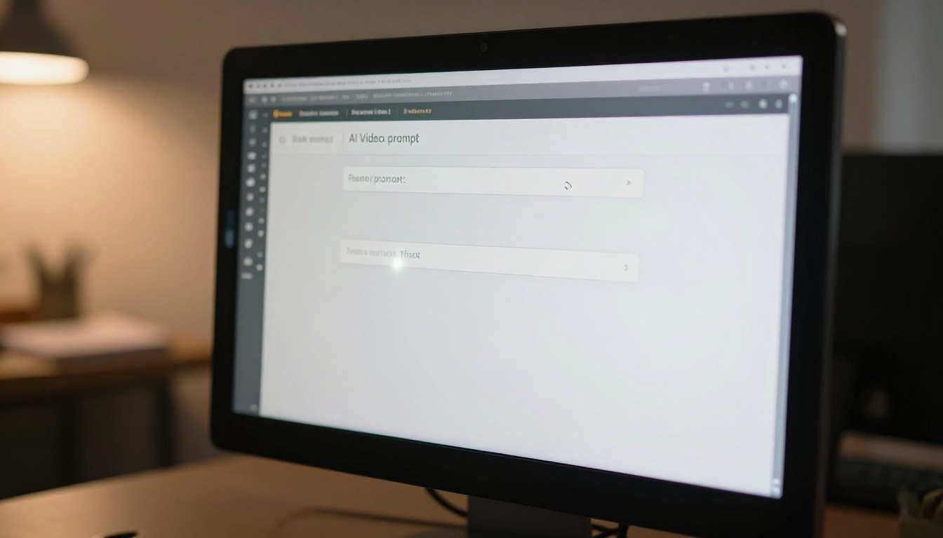 Monitor screen showing AI video prompt input interface in clean office