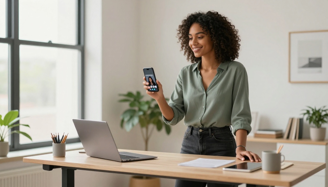 Woman at standing desk holding phone with AI video app visible
