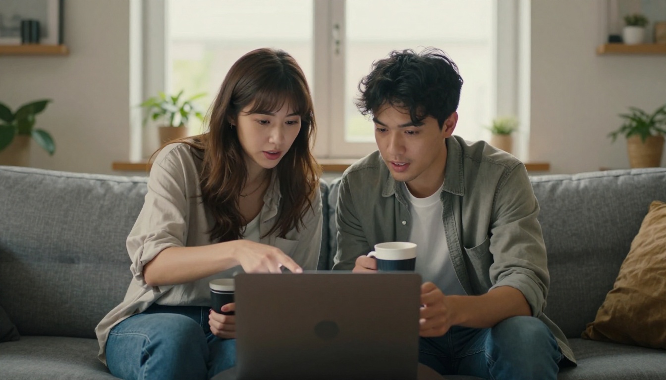 Two people collaborating on laptop with AI video tools in bright apartment