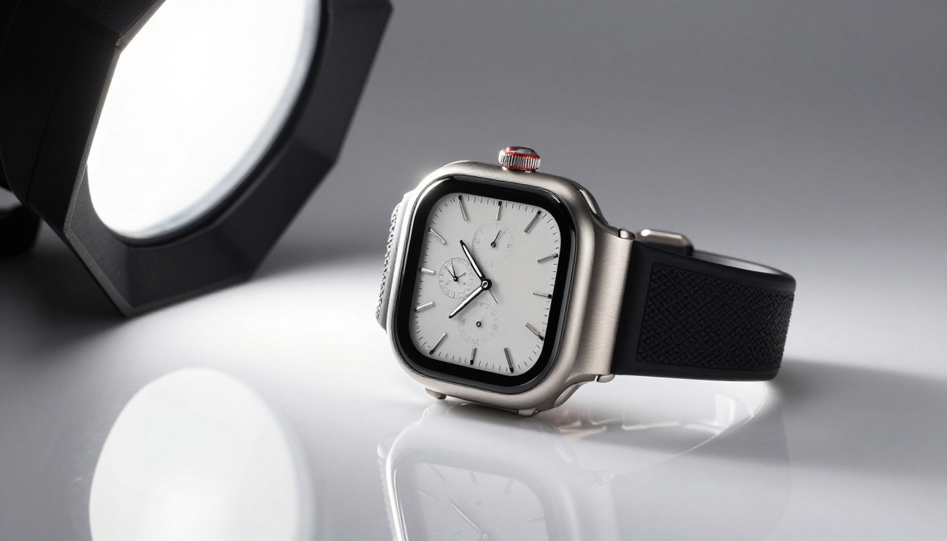 Modern stainless steel smart watch product photography on white acrylic surface with mirror reflection, dramatic low-angle shot with single softbox lighting revealing watch dial and strap texture