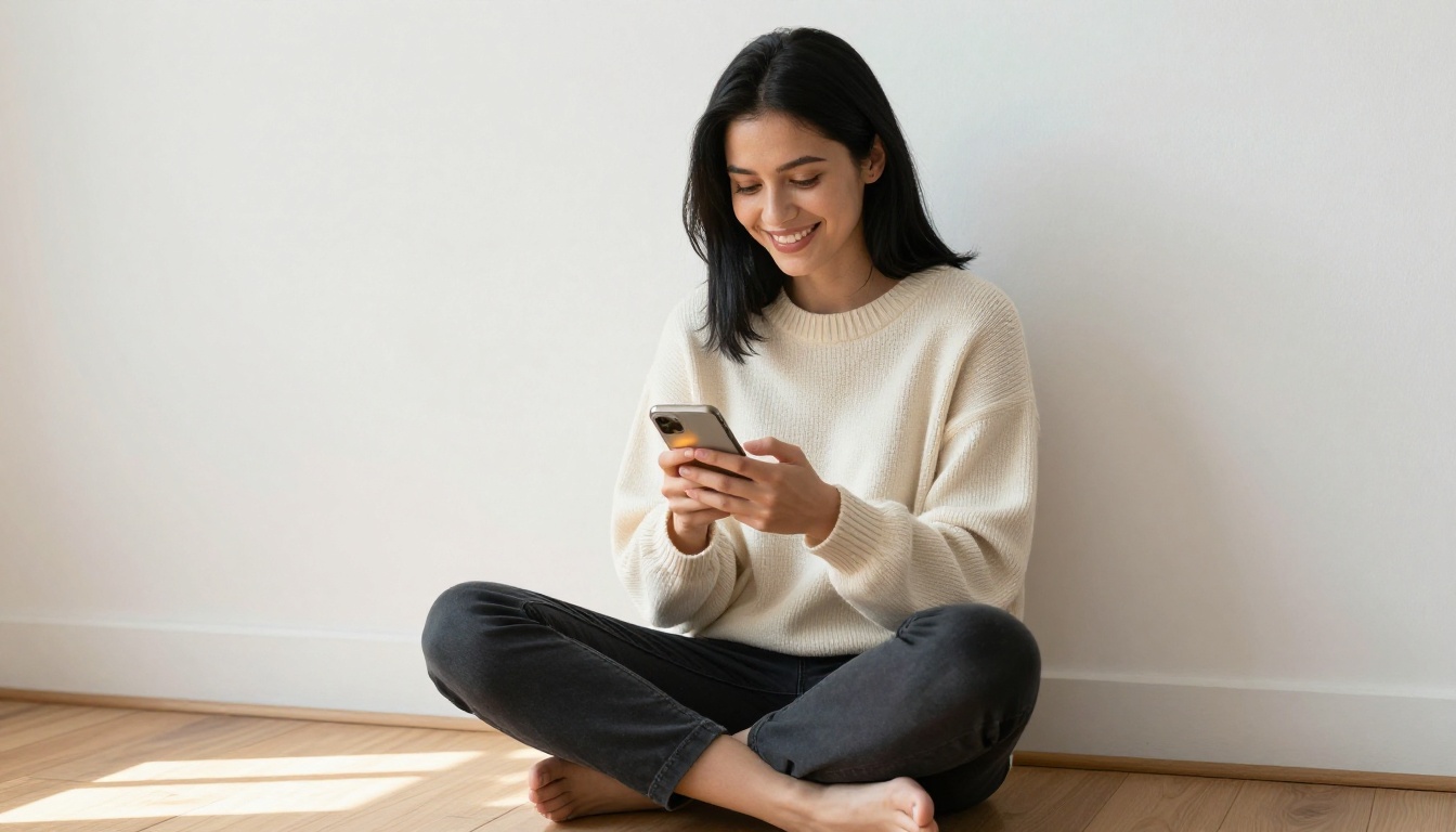 Young woman smiling while using phone sitting on wooden floor in morning light