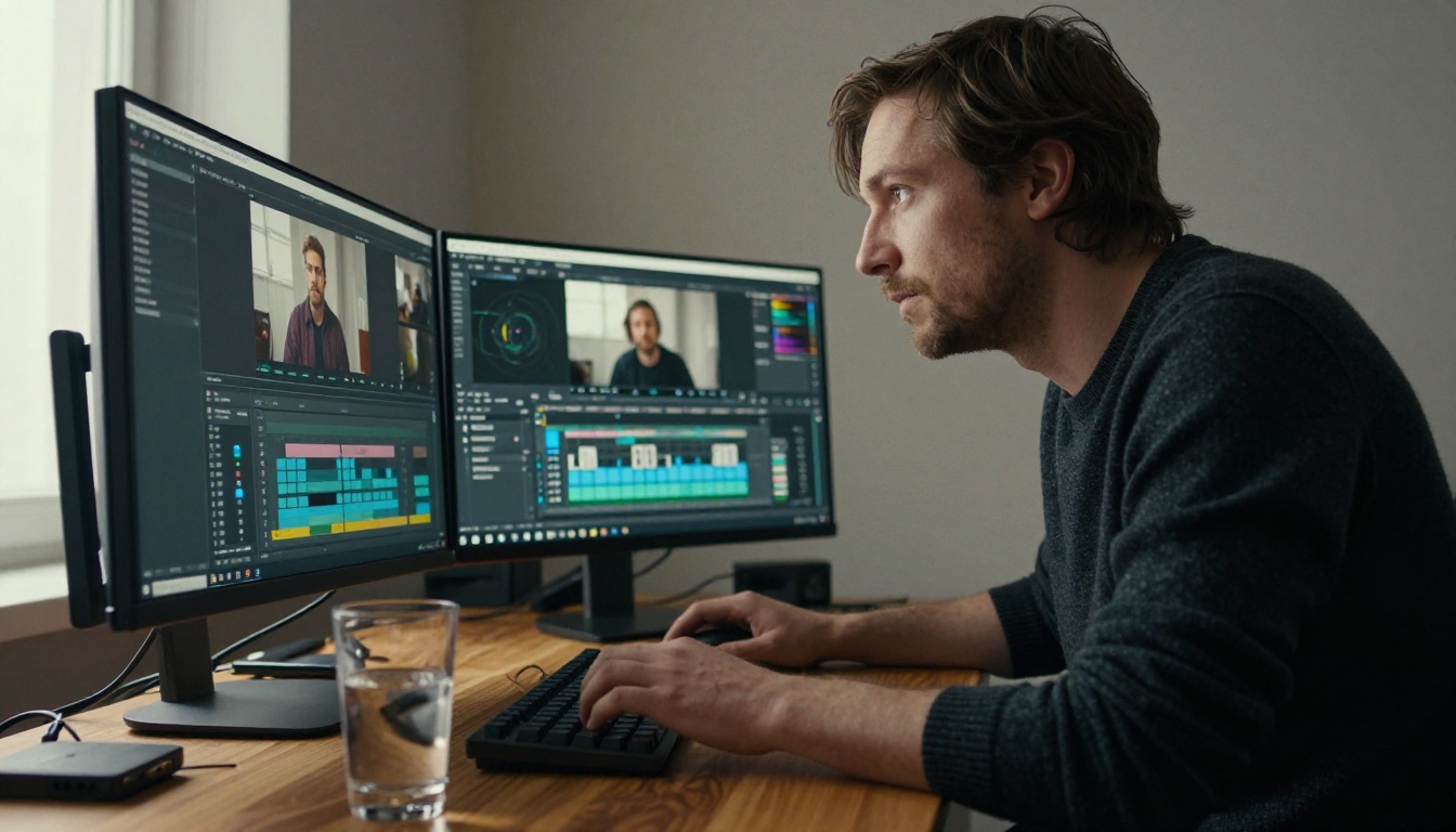 Man at dual monitor setup focused on video editing with cinematic lighting