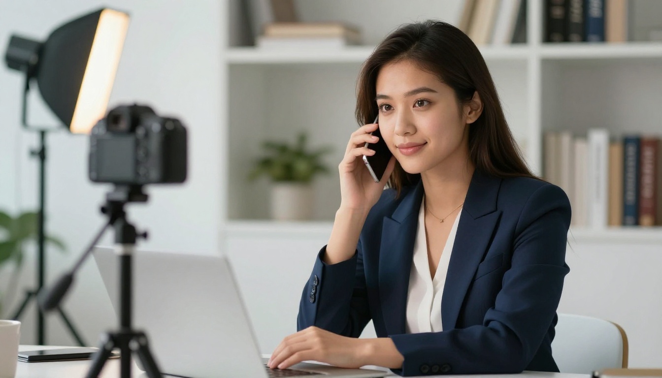 Professional woman recording video in office