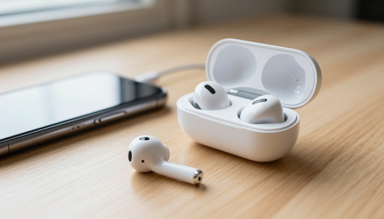 Earbuds and phone on wooden surface