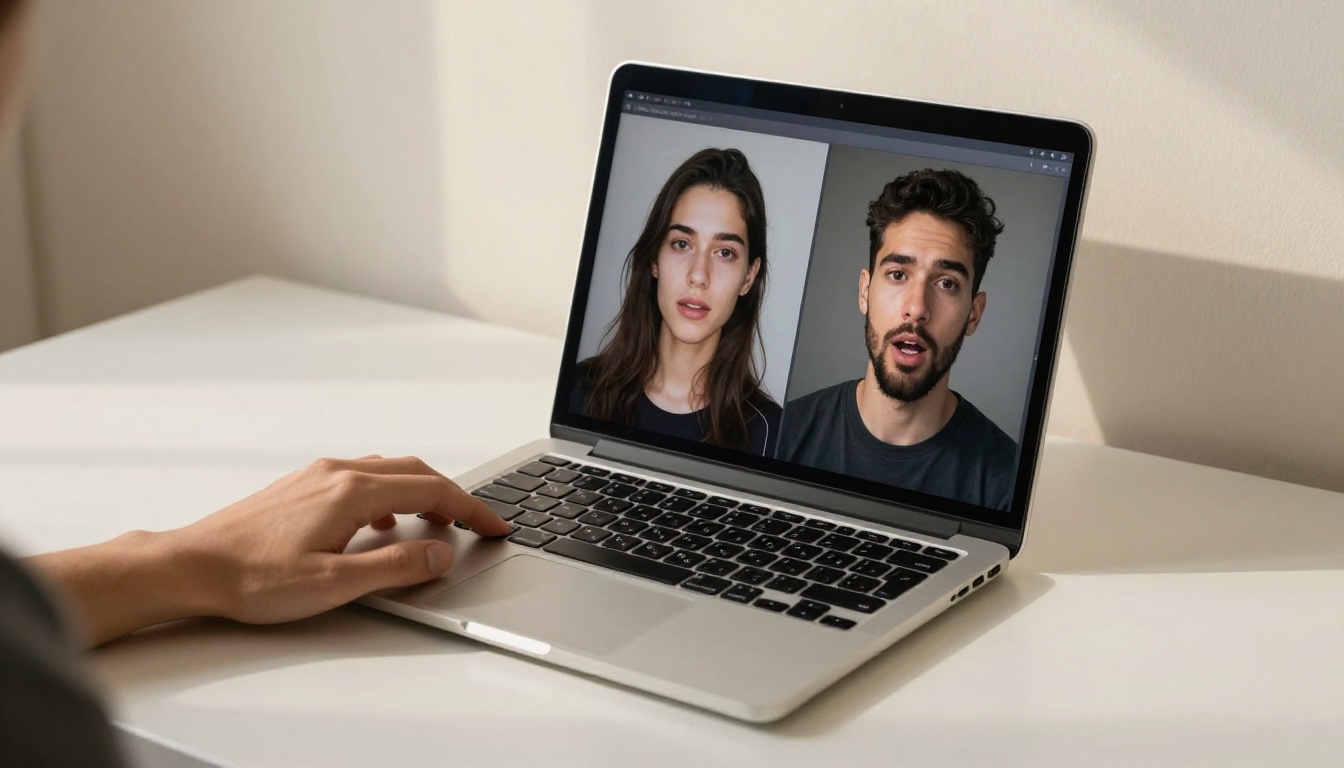 Laptop showing split screen photo and avatar
