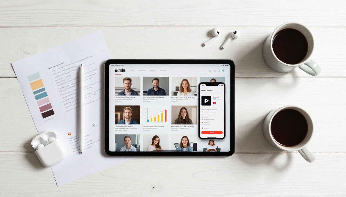 Aerial flat lay of a creative workspace with a tablet showing AI-generated thumbnail designs, stylus pen, phone displaying YouTube analytics, and color swatches