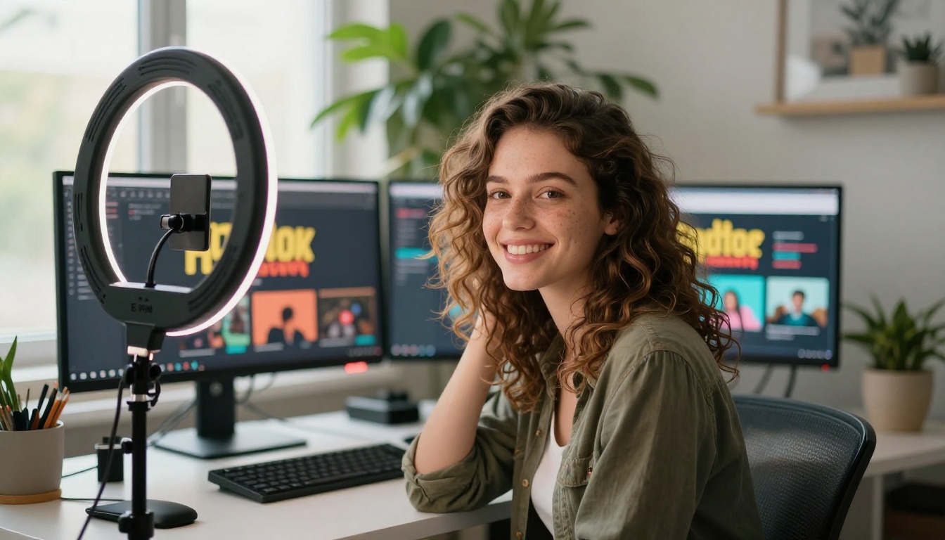 A young woman content creator smiling confidently at her camera setup in a bright modern home office with dual monitors showing colorful YouTube thumbnails