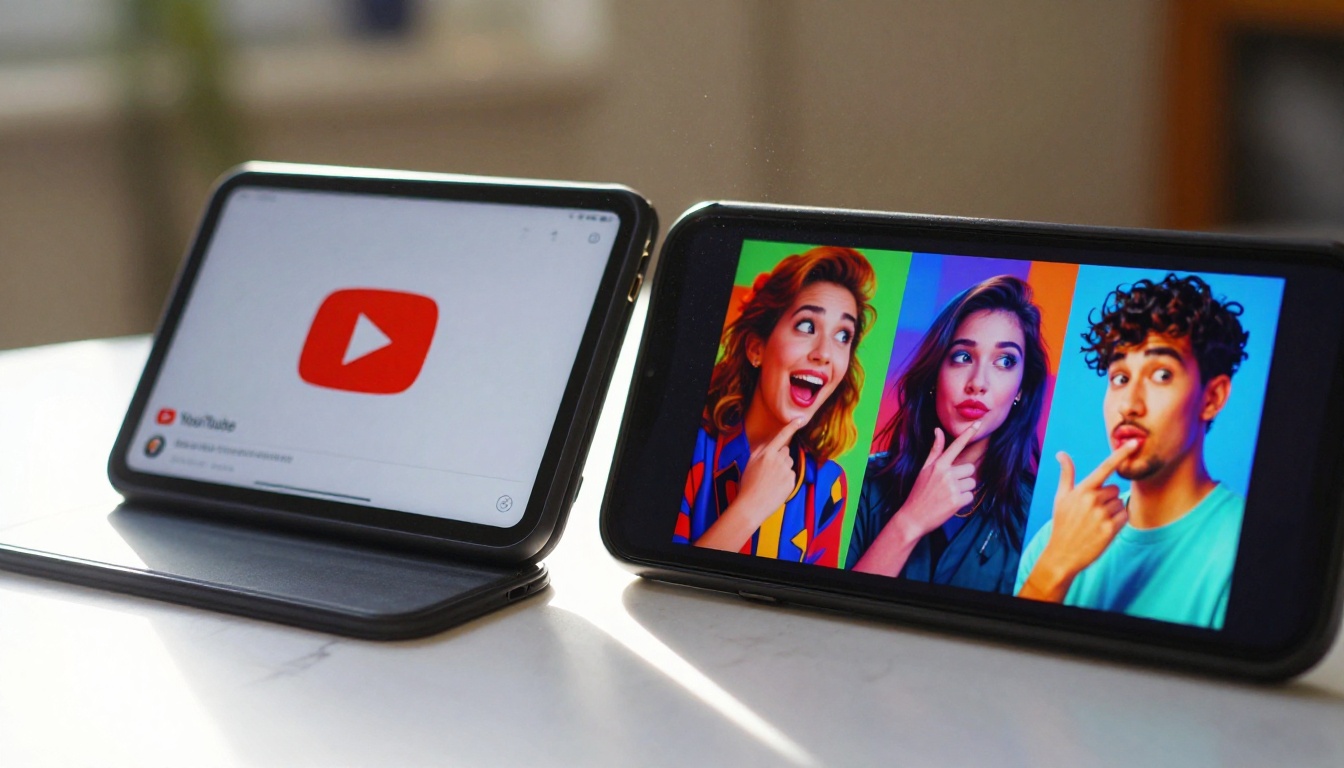 Two smartphones side by side on a white marble surface, left showing a dull plain thumbnail, right showing a vibrant AI-generated thumbnail with bold colors