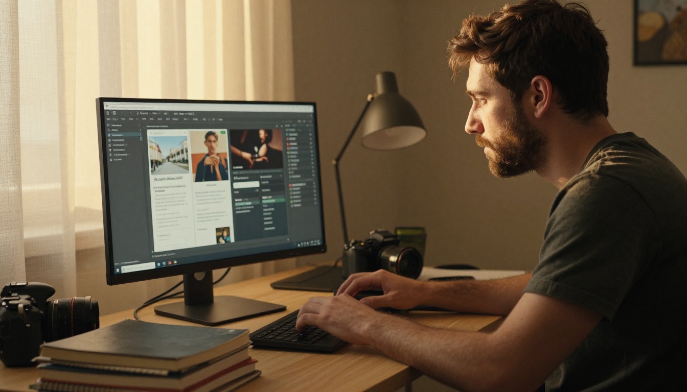 A focused male content creator with short beard typing at a computer, multiple browser tabs showing AI image generation tools on the monitor