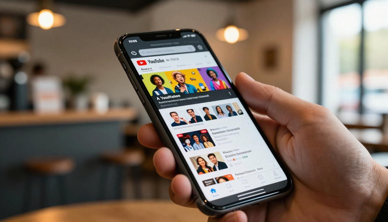 A close-up of a hand holding a smartphone showing a YouTube channel page with high view count videos and vibrant thumbnails A close-up of a hand holding a smartphone showing a YouTube channel page with high view count videos and vibrant thumbnails