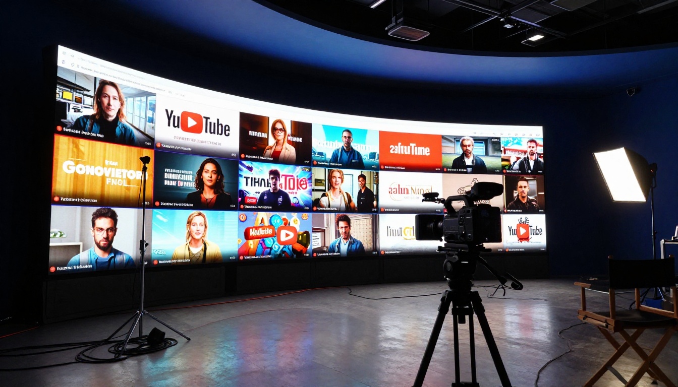 A wide environmental shot of a professional video production studio with a large LED wall displaying vivid YouTube thumbnails, camera on tripod in foreground A wide environmental shot of a professional video production studio with a large LED wall displaying vivid YouTube thumbnails, camera on tripod in foreground