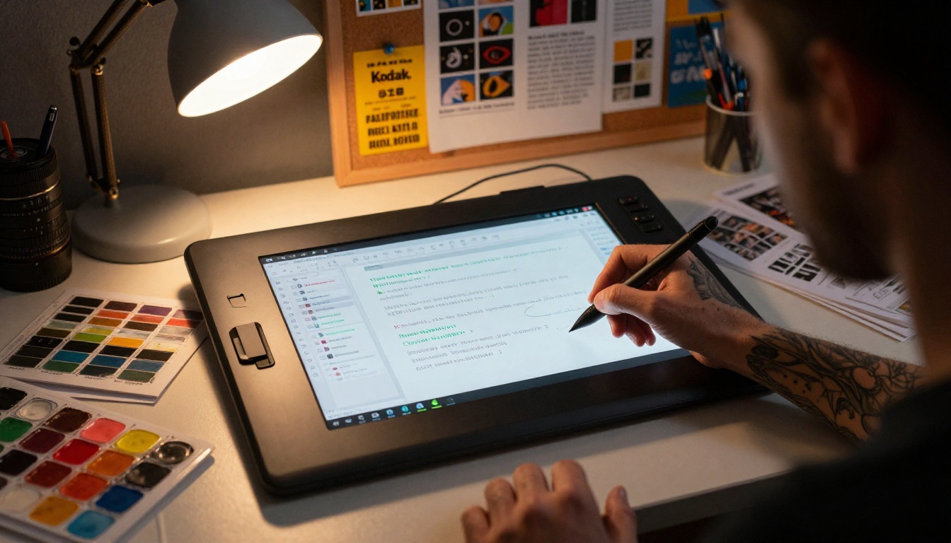 A creative designer using a stylus pen on a large drawing tablet, screen showing an AI thumbnail generation interface, warm light mixing with cool monitor glow A creative designer using a stylus pen on a large drawing tablet, screen showing an AI thumbnail generation interface, warm light mixing with cool monitor glow