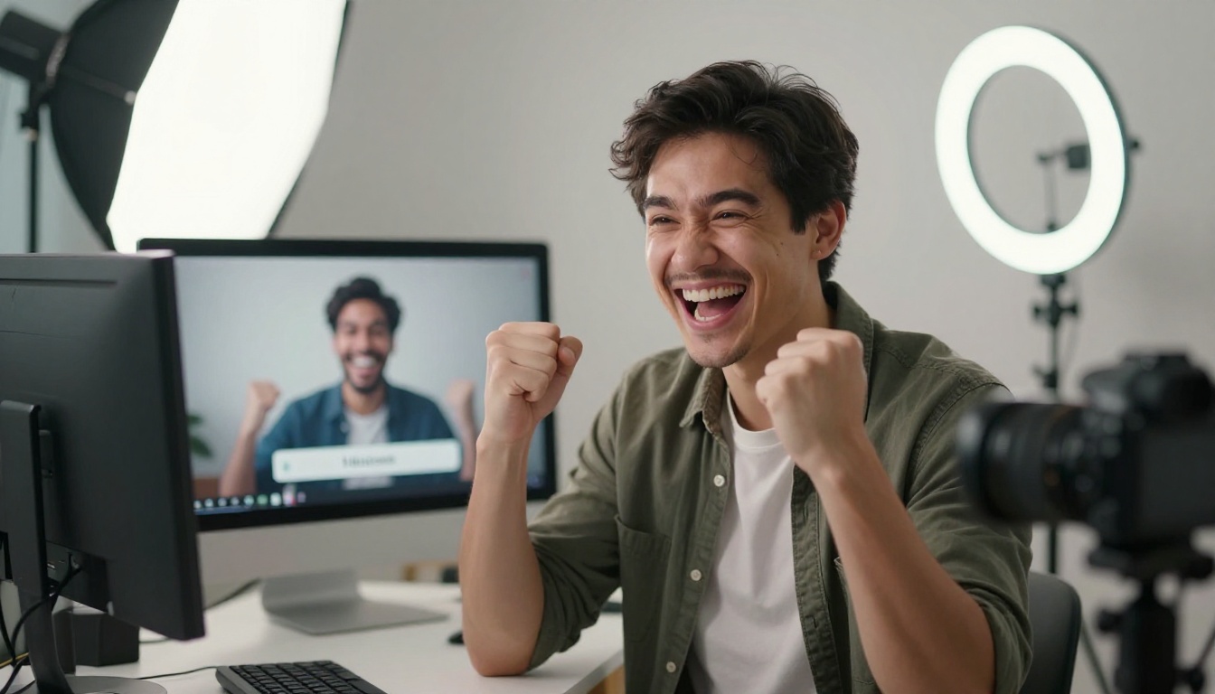 A content creator celebrating with raised fists looking at their monitor showing a video with one million views, bright home studio with softboxes, ring light, and professional camera A content creator celebrating with raised fists looking at their monitor showing a video with one million views, bright home studio with softboxes, ring light, and professional camera
