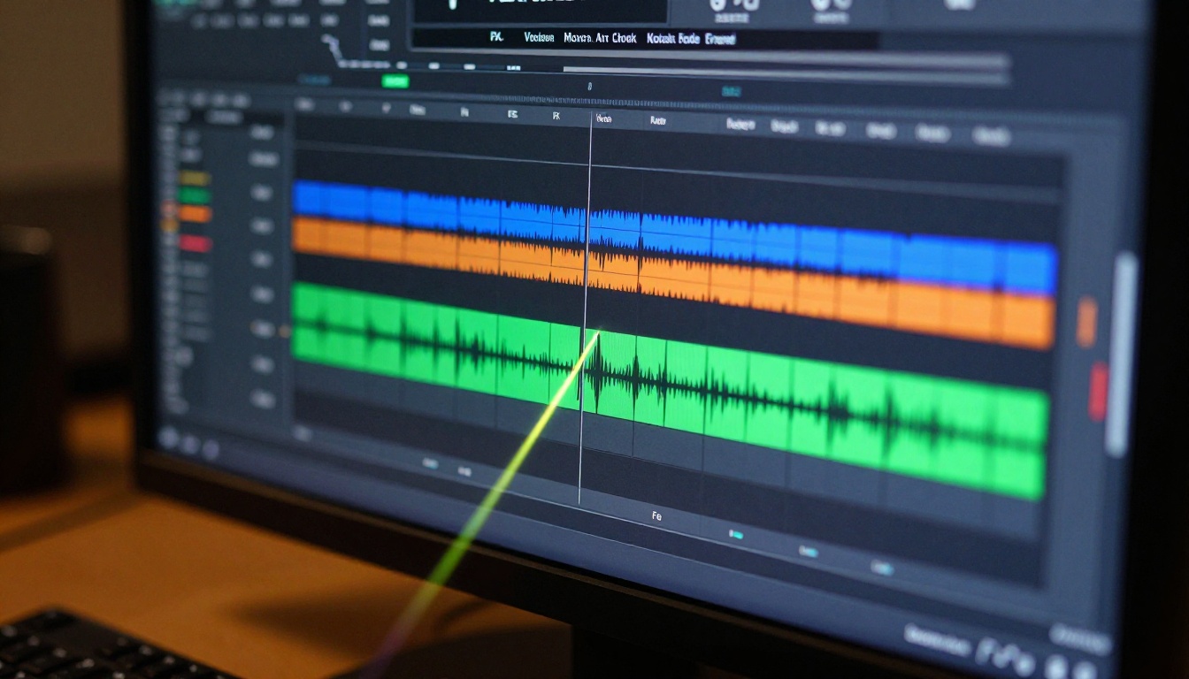 Professional DAW screen showing colorful audio waveforms on a video editing timeline