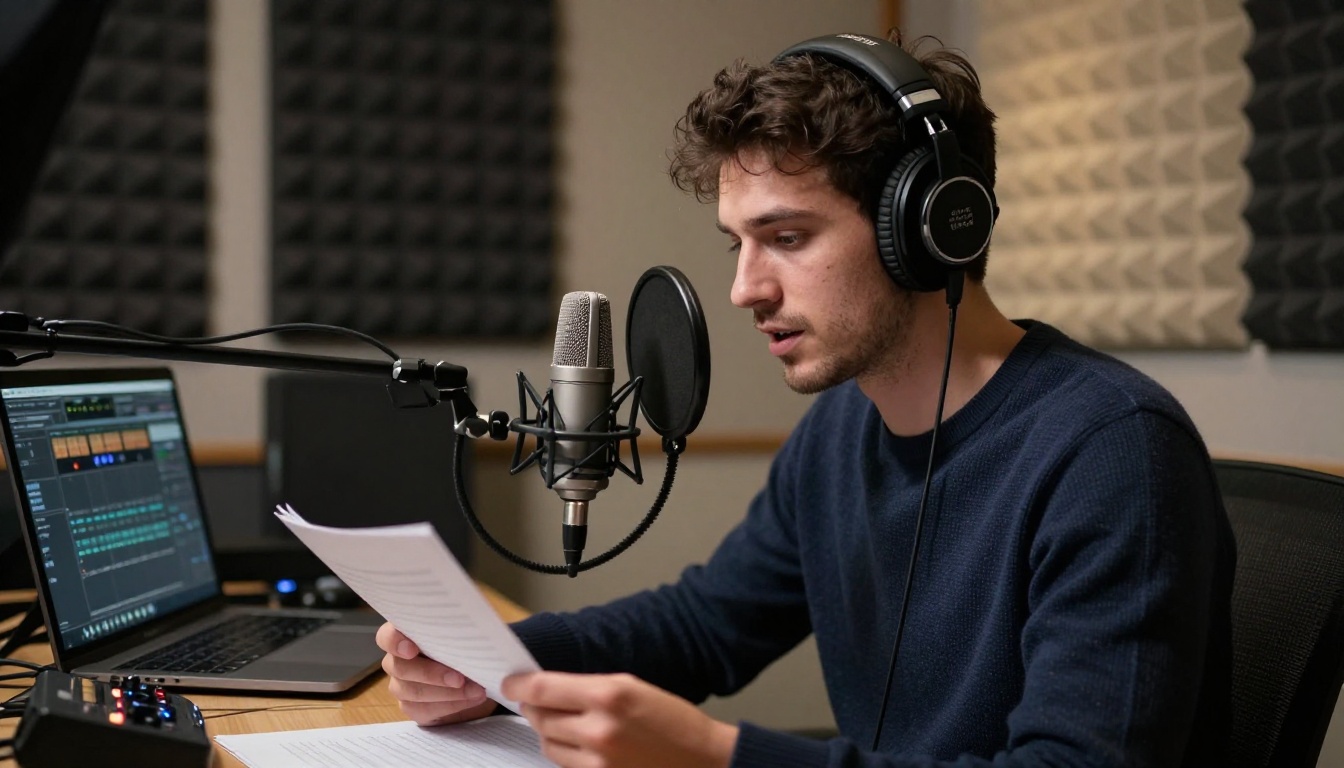 AI voiceover recording session in a compact acoustic studio booth