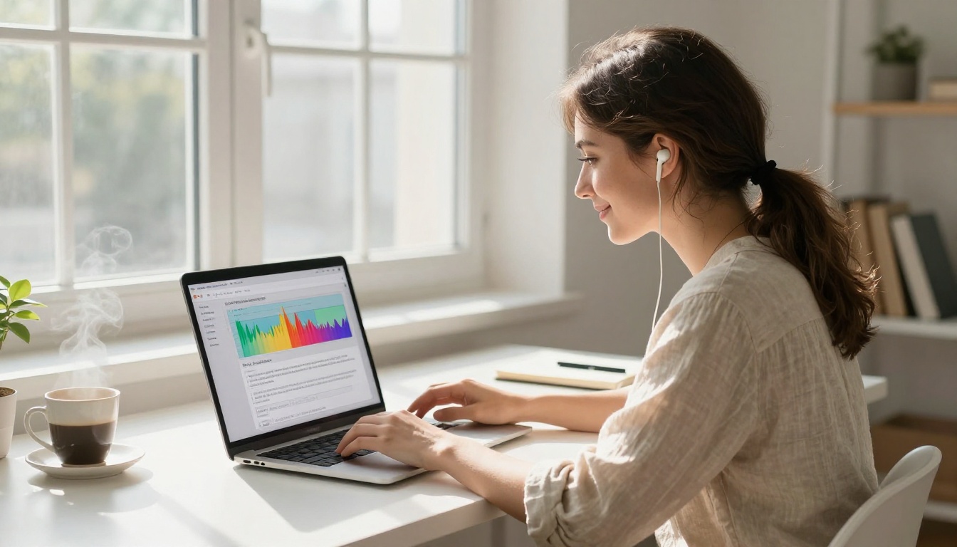 Woman at sunlit desk reviewing AI audio generation interface on laptop