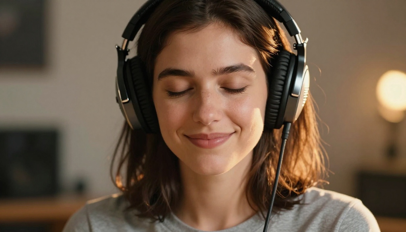 Close-up portrait of woman with studio headphones, eyes closed, listening to audio playback