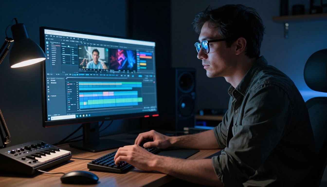 Professional male video editor at dual-monitor workstation with audio and video editing software open
