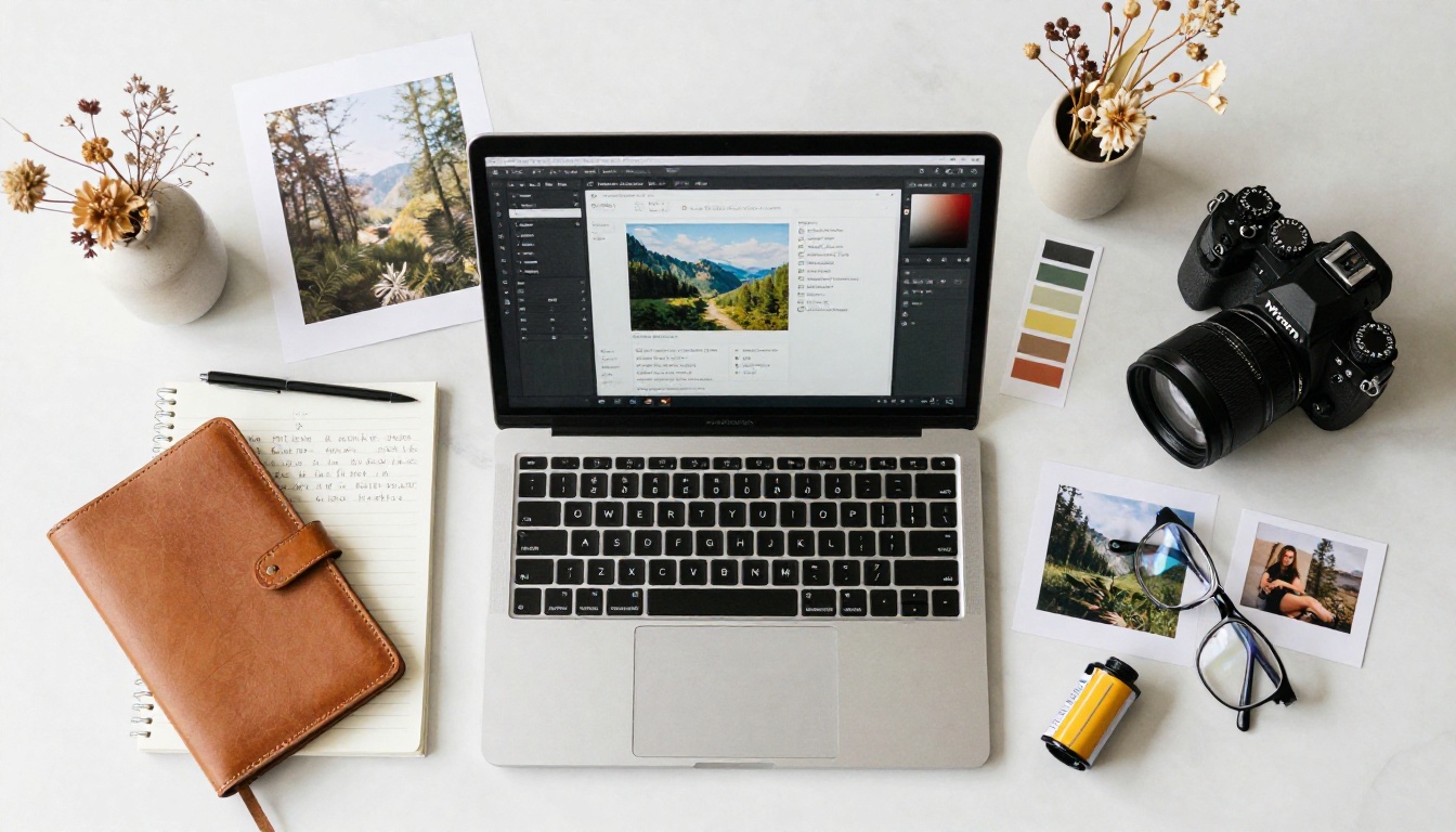 Blogger's creative workspace flat-lay with AI image generation dashboard on MacBook, surrounded by printed photos and creative tools