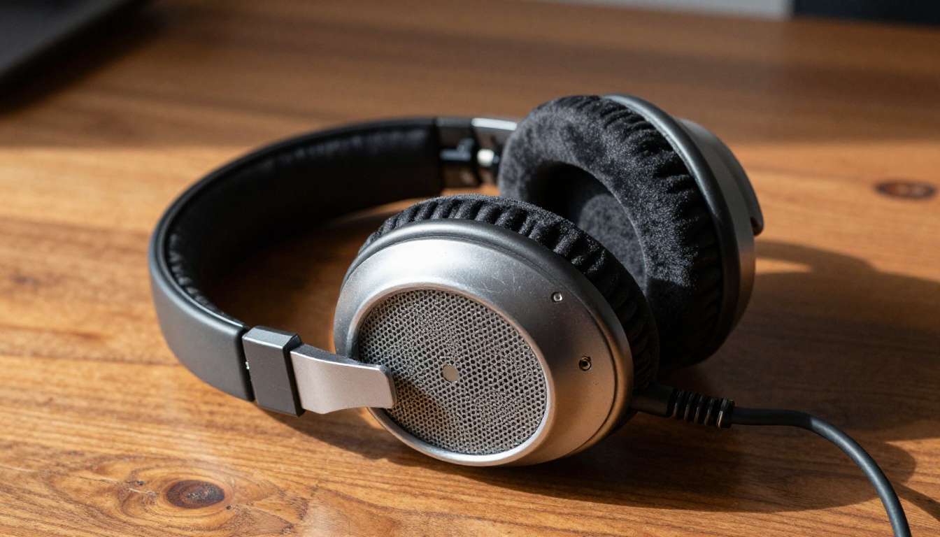 Detailed close-up of professional studio headphones resting on a dark walnut wood desk surface