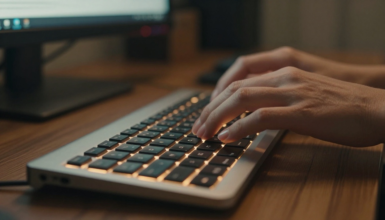 Close-up macro photograph of hands typing a detailed image prompt on a backlit mechanical keyboard