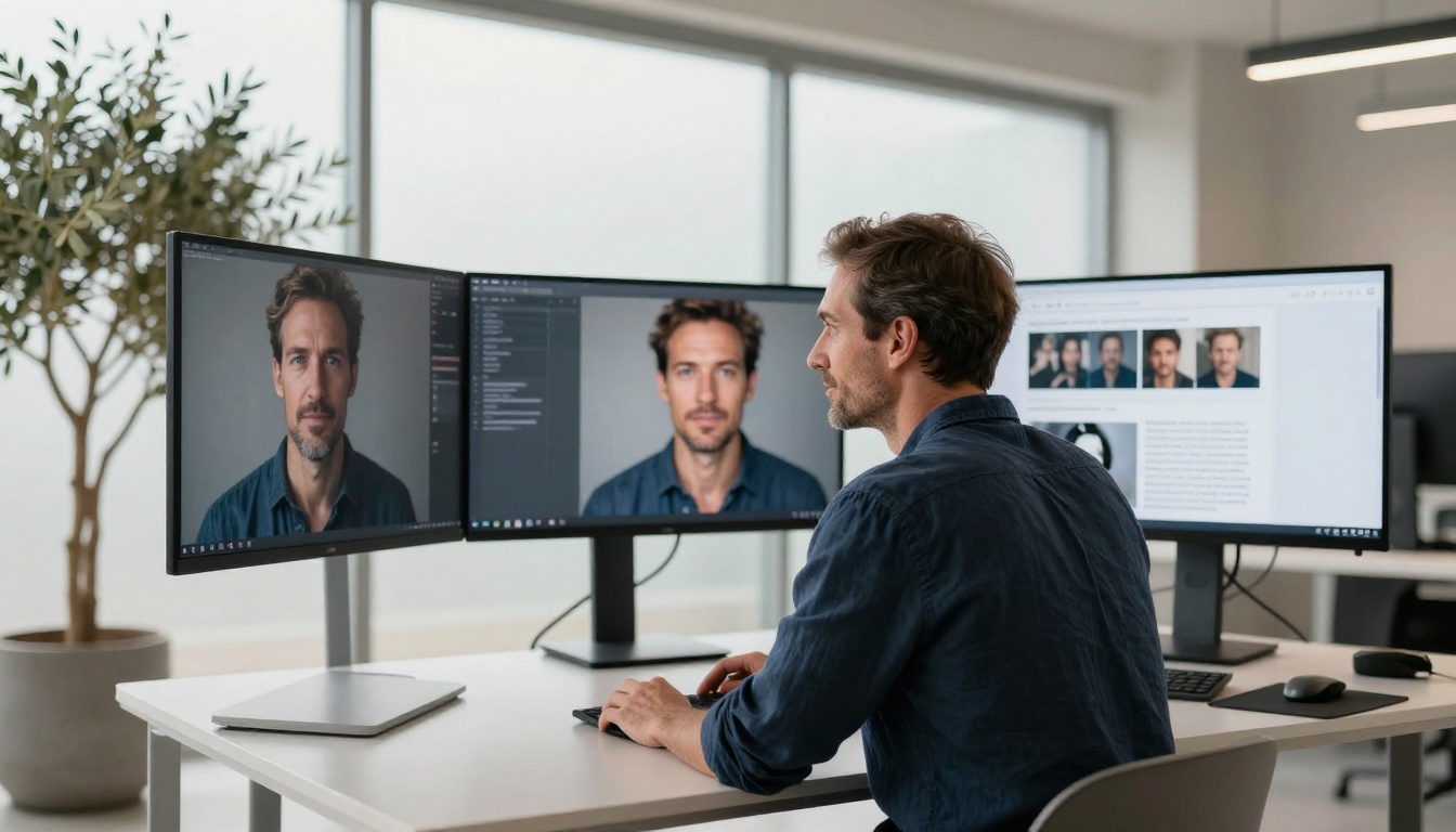 Man reviewing AI-generated portfolio images on dual monitors in a bright minimalist studio