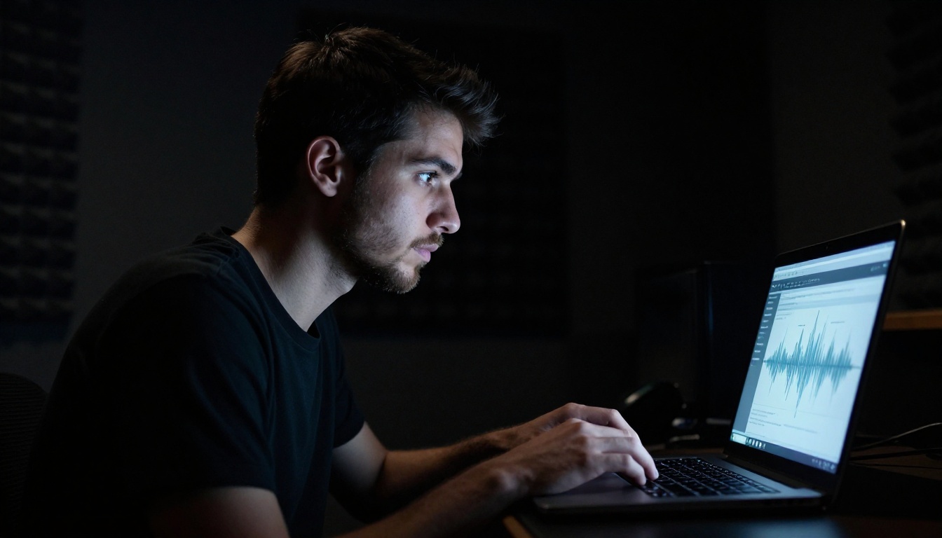 Moody side profile of a man in a dark recording booth, face illuminated only by laptop screen glow