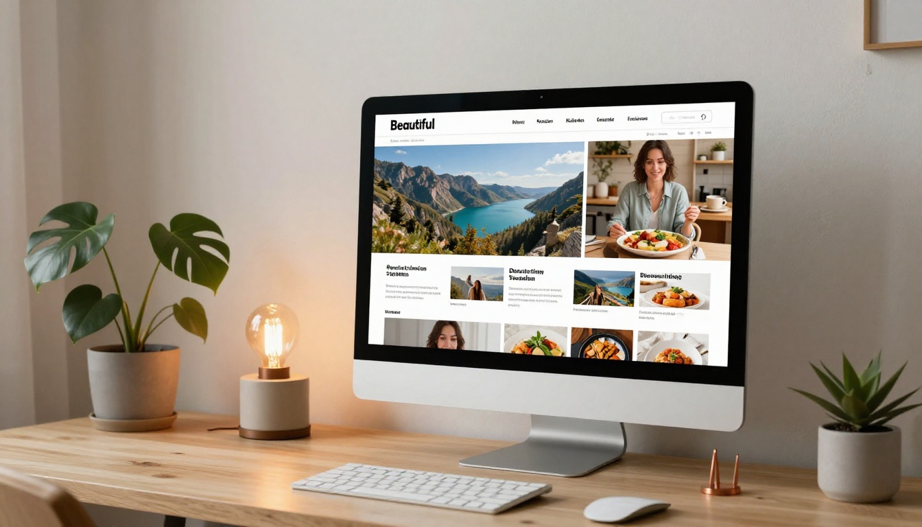 Beautiful lifestyle blog displayed on iMac monitor in a cozy Scandinavian home office with warm natural lighting
