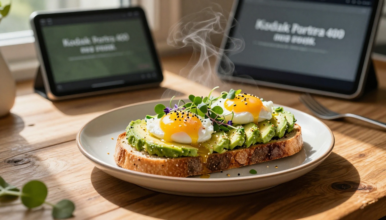 Gourmet avocado toast with poached eggs and edible flowers, styled for food blog photography with dramatic morning side-lighting