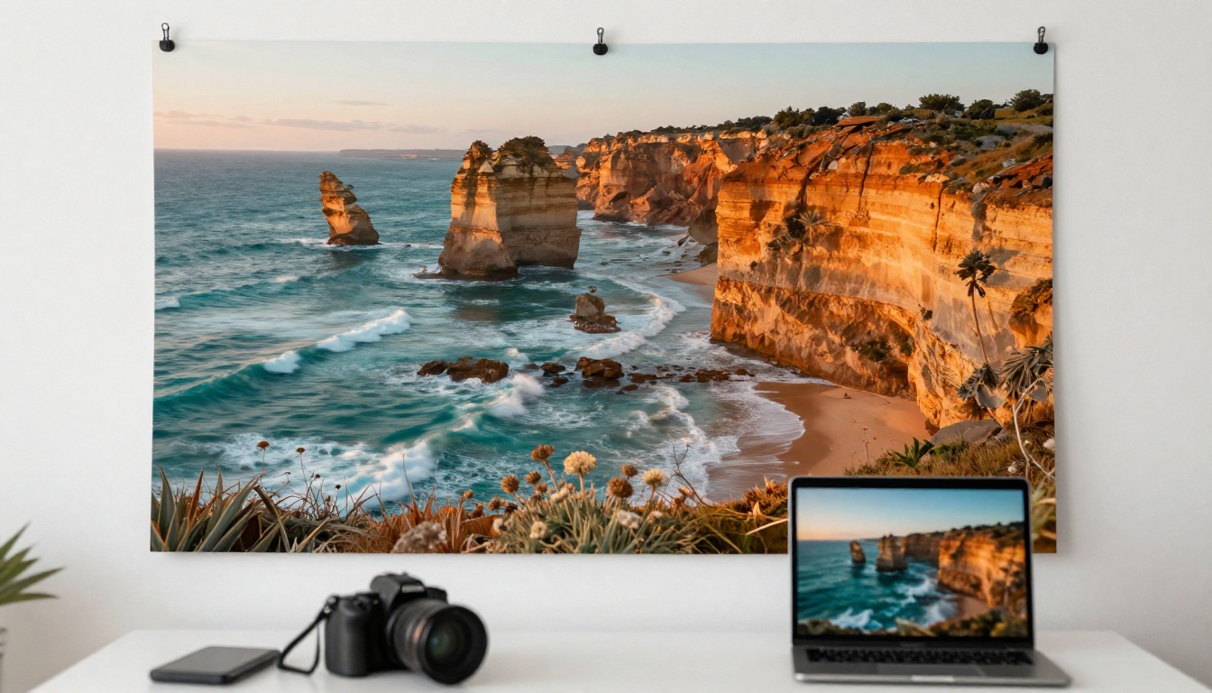 Travel landscape photo print pinned to studio wall with camera and laptop showing a blogger's visual workflow