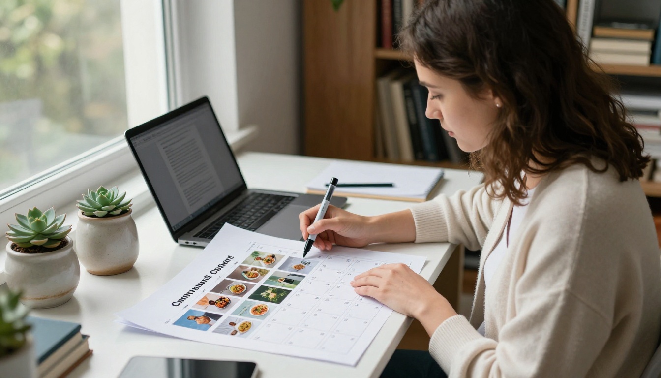 Woman planning content calendar with AI-generated blog images arranged by date on a desk calendar