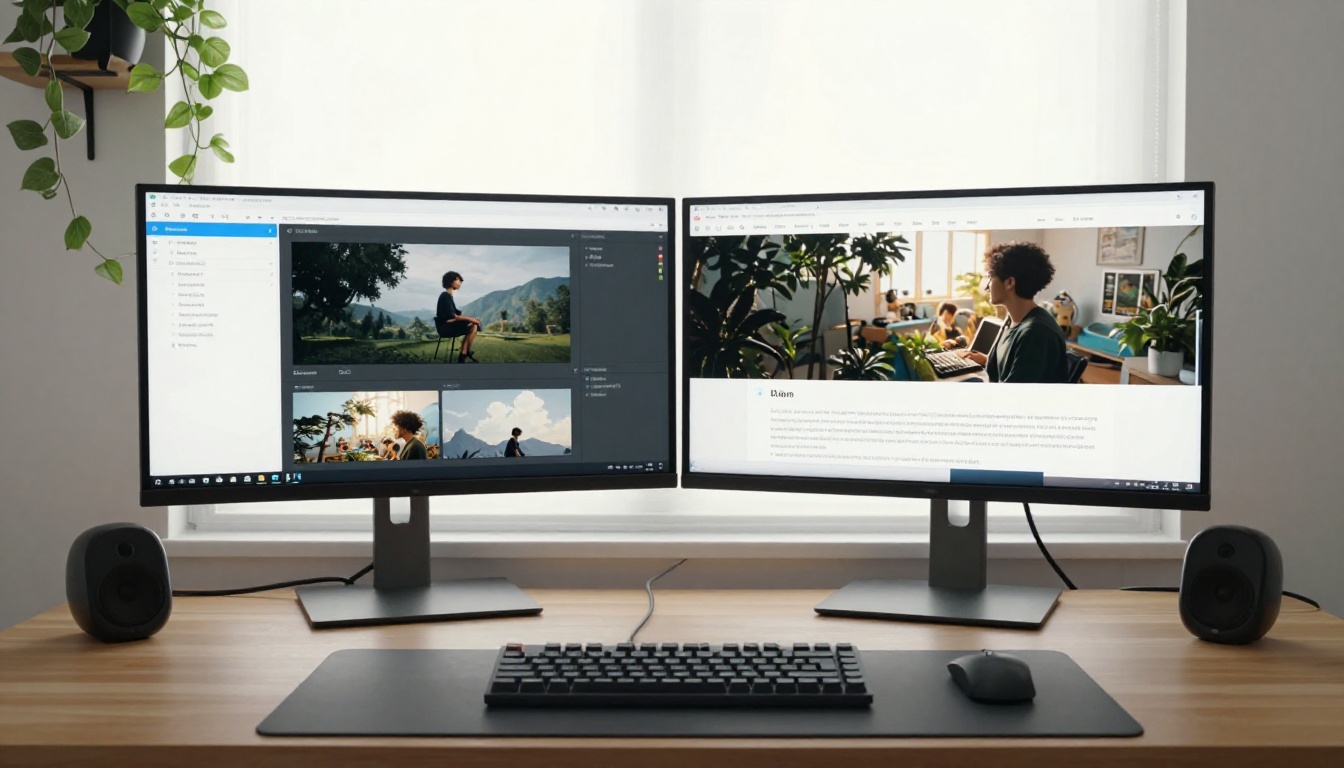 Dual-monitor standing desk setup showing AI image generation platform and blog editor side by side