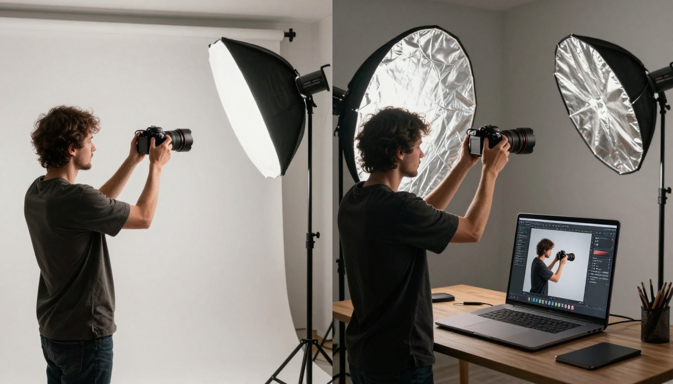 Split-frame comparison showing traditional photographer on set versus the same image output on a laptop from an AI generator