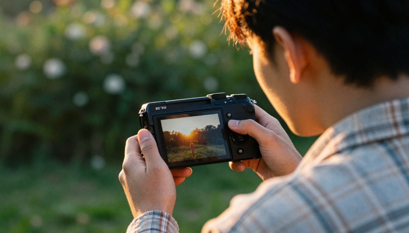 Photographer reviewing AI-animated image on DSLR screen at golden hour
