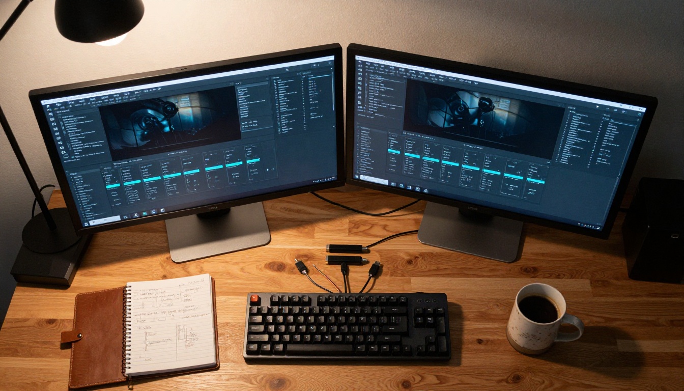 Developer desk aerial shot with video settings and parameters visible on monitors