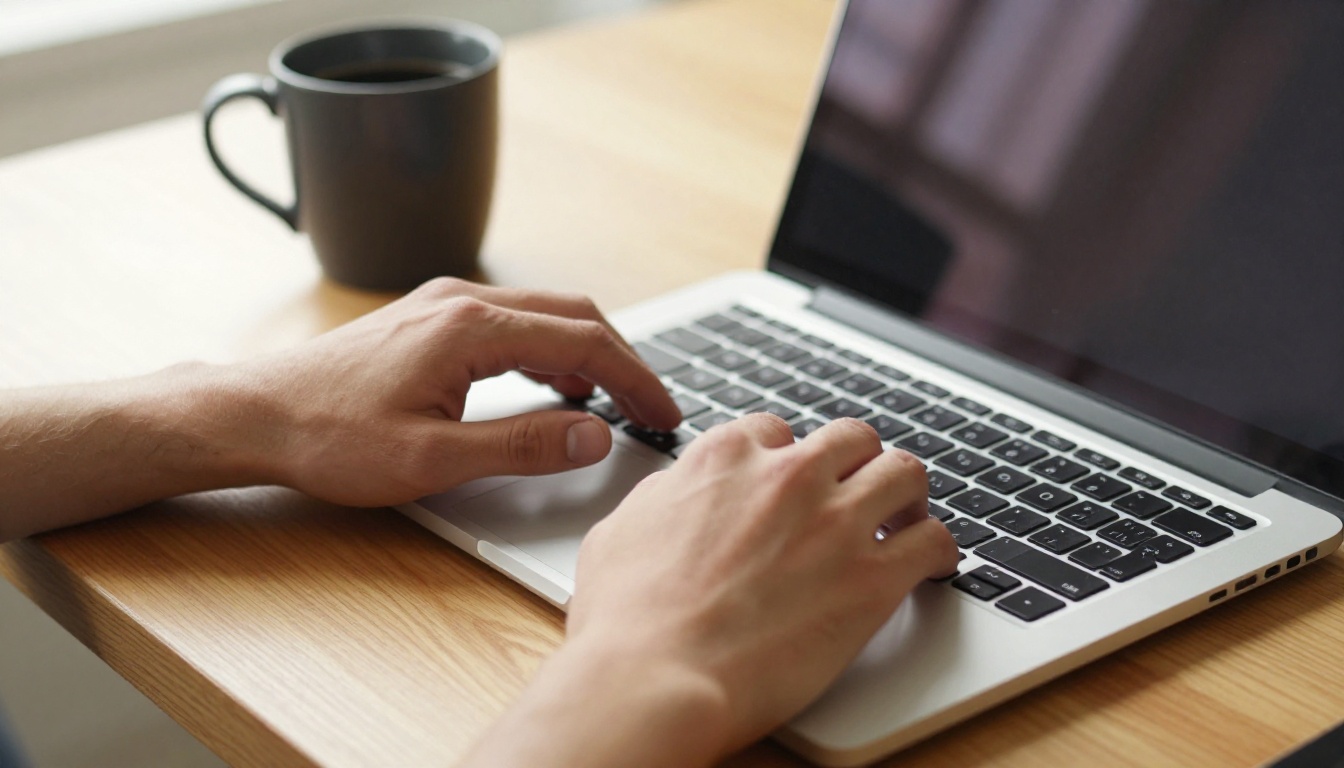 Content creator typing at laptop keyboard in minimalist workspace